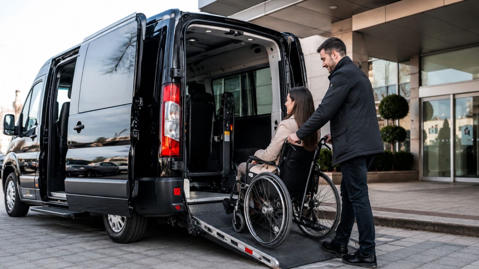 Accessible transport at modern building entrance